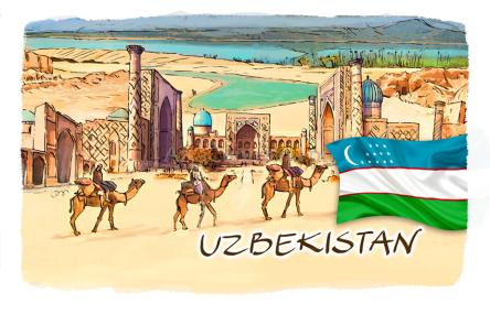Magnes Registan w Samarkandzie Uzbekistan z flagą i wielbłądami