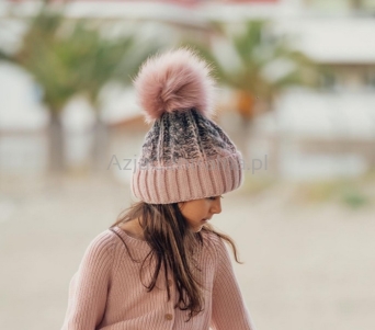 Ciepła czapka zimowa z pomponem RÓŻOWY SZARY