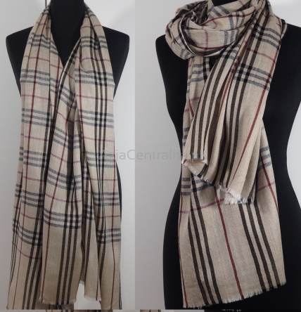 Męsko damski dwustronny beżowy szal w angielską kratę z wełny merynosów i jedwabiu