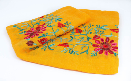 Szal damski wielokolorowym haftem w kwiaty ŻÓŁTY MIODOWY