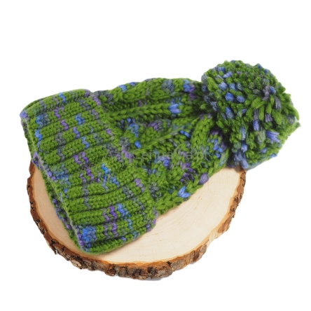 Ciepła czapka męska zimowa Zielony warkocz z pomponem