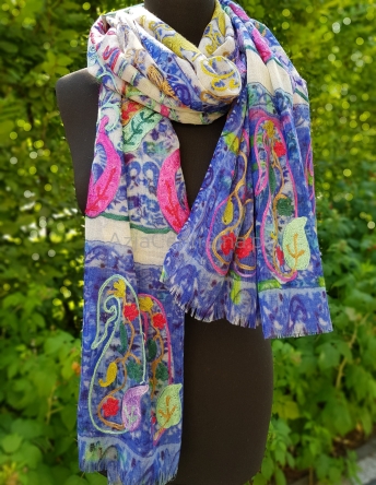 Damski szal wełniany kolorowy merino print wyszywany Paisley