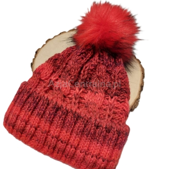 Ciepła czapka zimowa z pomponem CZERWONA z alpaki i merino