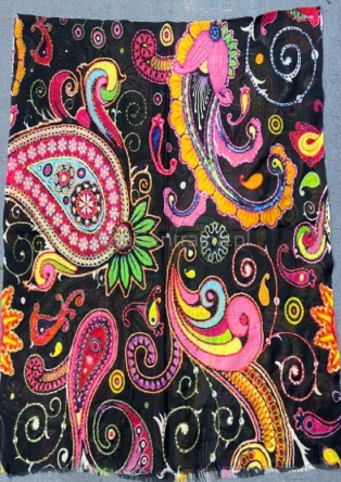 Damski szal wełniany merino wyszywany kwiecisty Paisley