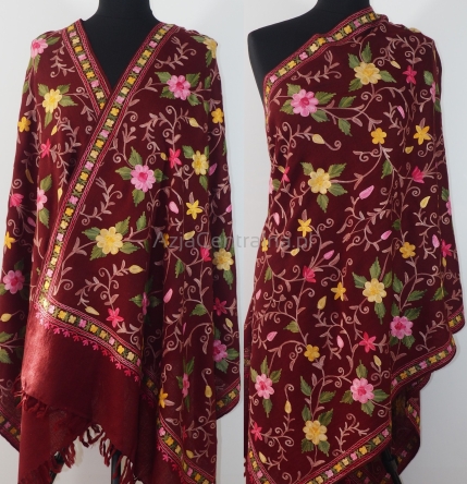 Wełniany bordowy szal we wyszywane kwiaty