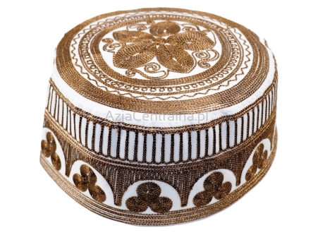 Krymka czapka męska orientalna biała z brązowym haftem (56, 57cm)