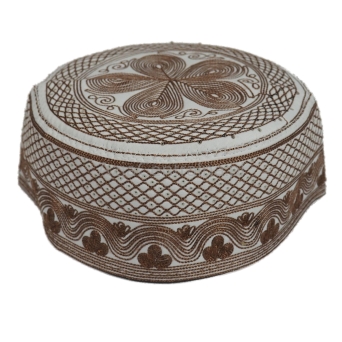 Krymka czapka męska biała etno boho z brązowy haftem (54, 55, 56 cm)