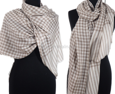 Męski damski dwustronny beżowy szal w kratę z wełny merynosów i jedwabiu