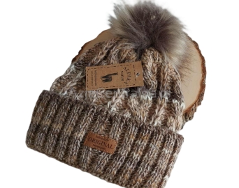 Ciepła czapka zimowa z pomponem Alpaka Beżowy melanż