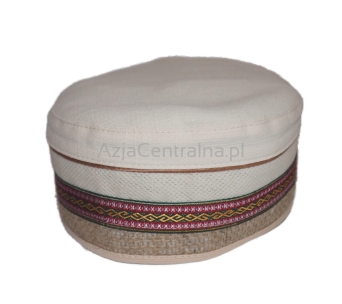 Męska letnia czapka lniana krymka beżowa z jutową ETNO taśmą