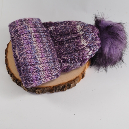 Ciepła czapka zimowa z pomponem MELANŻ FIOLETOWY