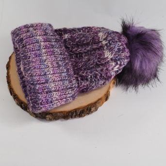Ciepła czapka zimowa z pomponem MELANŻ FIOLETOWY
