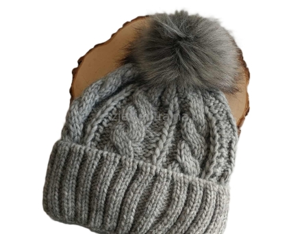 Ciepła czapka zimowa z pomponem Alpaka SZARA