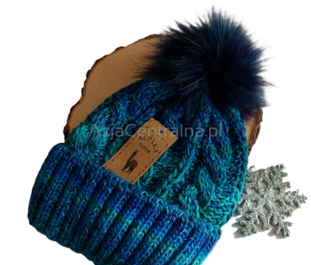 Ciepła czapka zimowa Turkusowa z pomponem