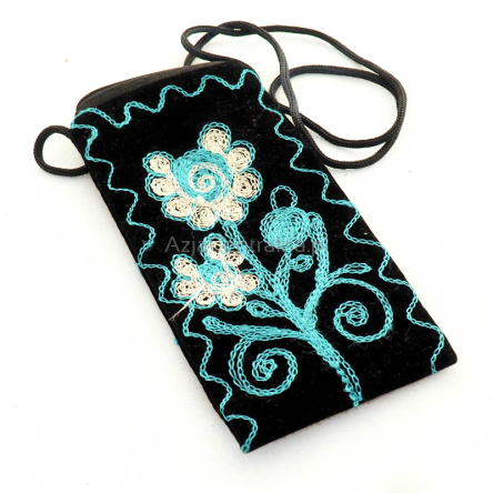 Etui torebeczka czarna z turkusowym haftem Suzani, AzjaCentralna.pl 