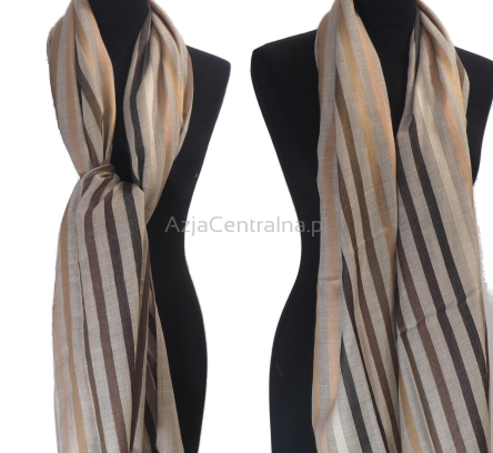 Męski damski dwustronny beżowy szal w paski z wełny merynosów i jedwabiu