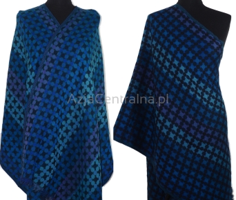 Granatowy damski szal dwustronny w piksle ze 100% wełny z merynosów