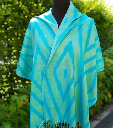 Turkusowy uzbecki duży szal IKAT w stylu etno i boho