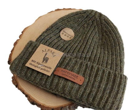 Ciepła czapka męska zimowa wełny Alpaki merino KHAKI