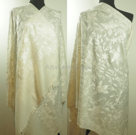 Damski wełniany duży szal z merynosów haftowany w kwiaty