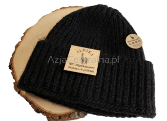 Ciepła czapka męska zimowa wełny Alpaki merino CZARNA