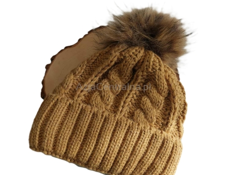 Ciepła czapka zimowa z pomponem MUSZTARDOWA