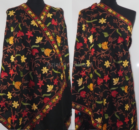 Damski szal Aari wełniany merino haftowany czarny złoty kolorowy